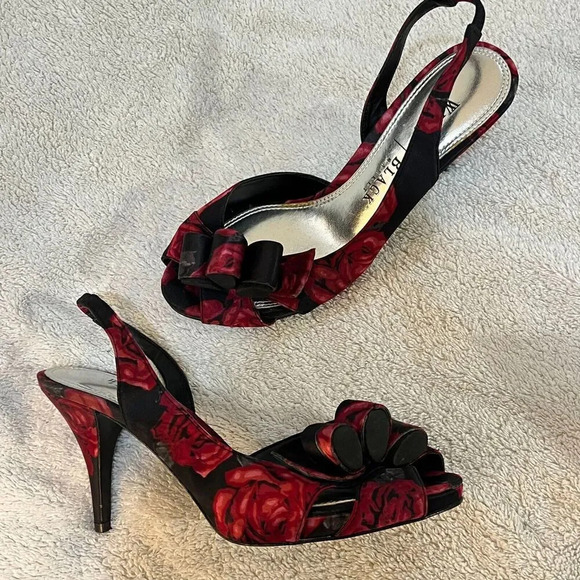 White House Black Market Womens Black Red Slingback Heels 6.5M Floral Peep Toe - Picture 10 of 14